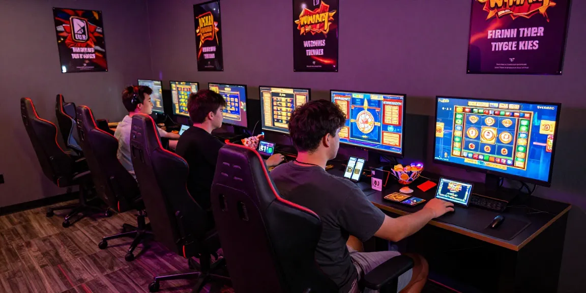 Excited players enjoying slot super games in a vibrant gaming lounge.