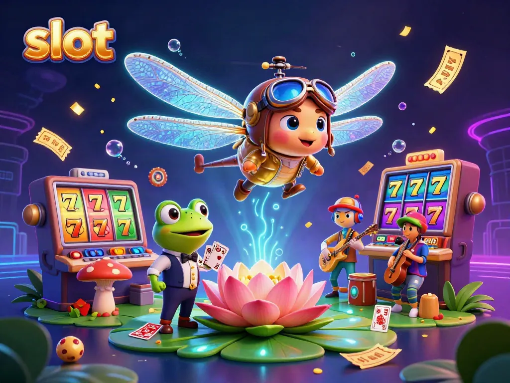 Experience the excitement of slot gaming with a dragonfly pilot, frog croupier, and vibrant casino elements.