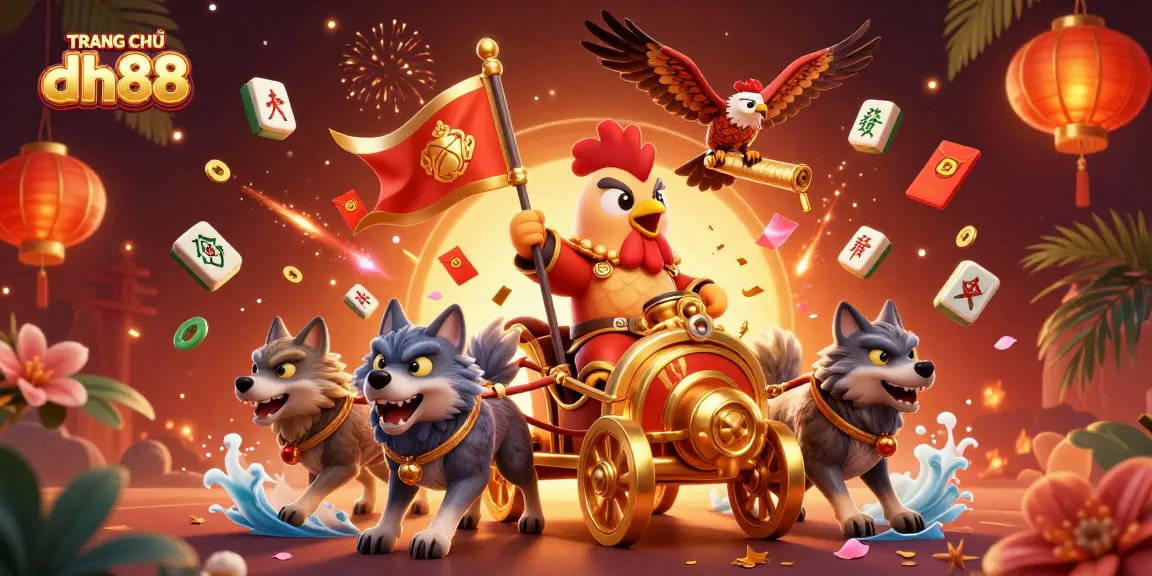 Experience the thrill of TRANG CHỦ dh88 with this vibrant 3D illustration featuring a rooster warlord in a golden chariot.