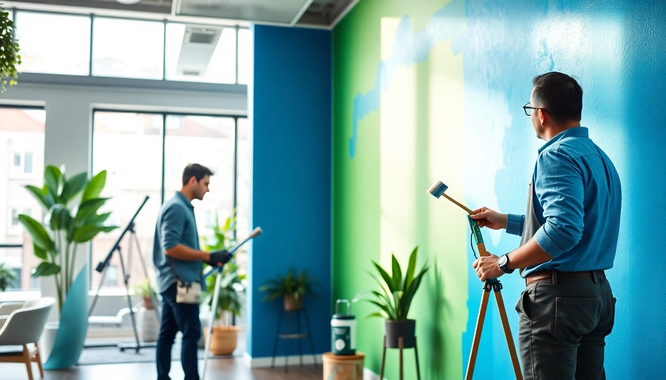 Expertly executing commercial painting techniques in a vibrant office setting.