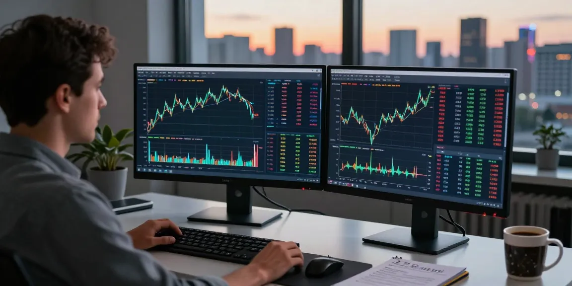 Trader using mt5 software in a modern workspace with market analysis tools and city view