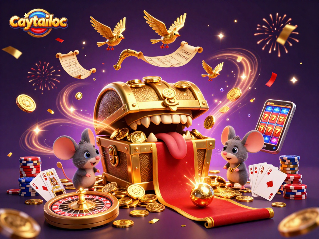Engage with caytailoc's thrilling jackpot adventure featuring a treasure chest and vibrant casino elements.