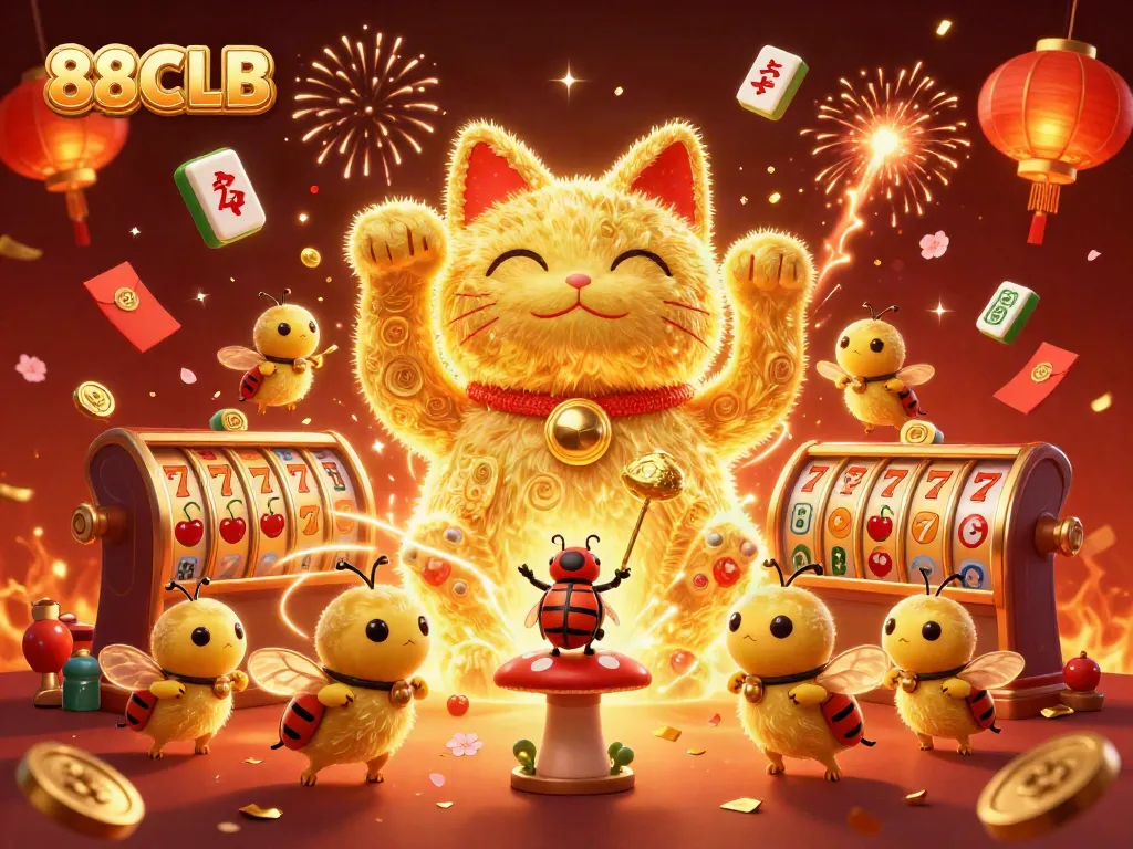 Experience 88CLB's vibrant online casino atmosphere with a giant lucky cat and dynamic gaming symbols.