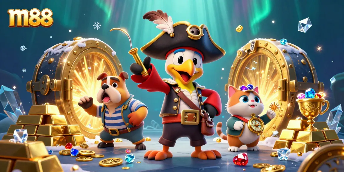 M88 brings an exciting 3D pirate-themed casino experience, showcasing characters and treasures amidst vibrant game elements and dynamic visuals.