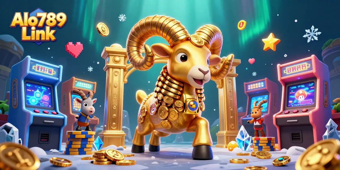 Experience the excitement of Alo789 Link with a vibrant 3D ram charging through a golden gate amid casino imagery.