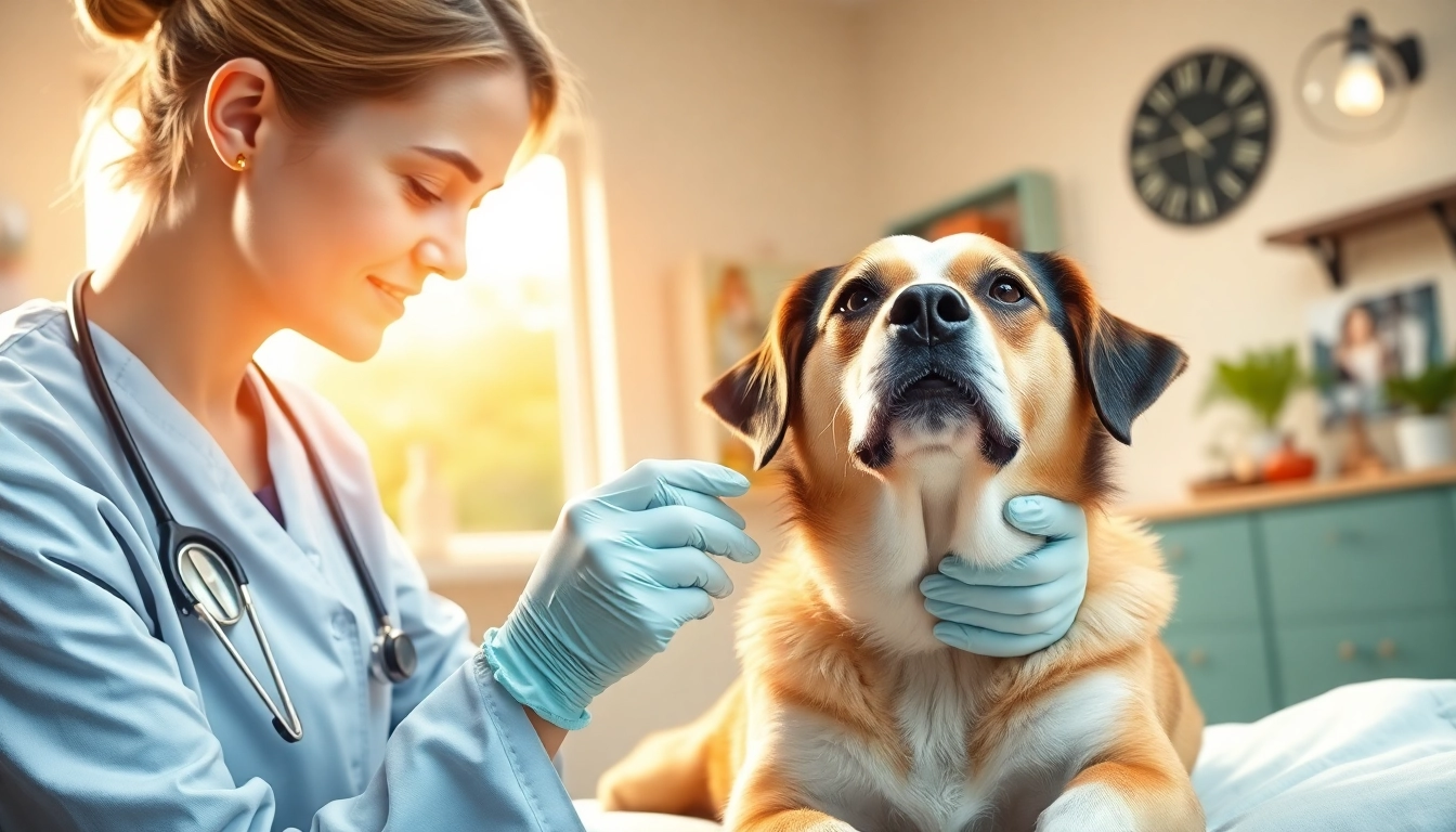 Veterinarian applying dmso for dogs in a clinic, showcasing a caring treatment atmosphere.