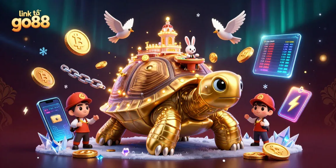 Engage with link tải go88 through a vibrant 3D casino scene, showcasing a golden tortoise casino.