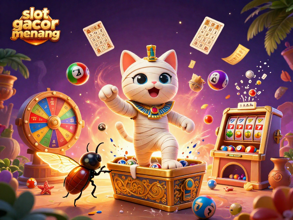Engage with the slot gacor gampang menang scene featuring a mummy cat and lottery excitement!
