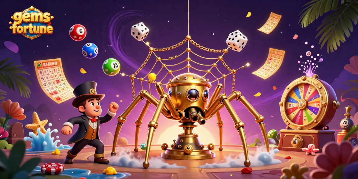 Experience the excitement of gems-fortune with a lively 3D illustration showcasing vibrant gambling elements.