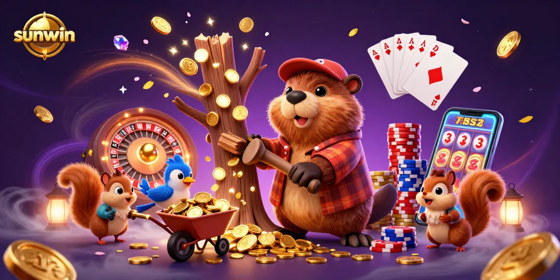 Experience sunwin gaming with a vibrant 3D illustration of a beaver and friends amidst coins and casino elements.