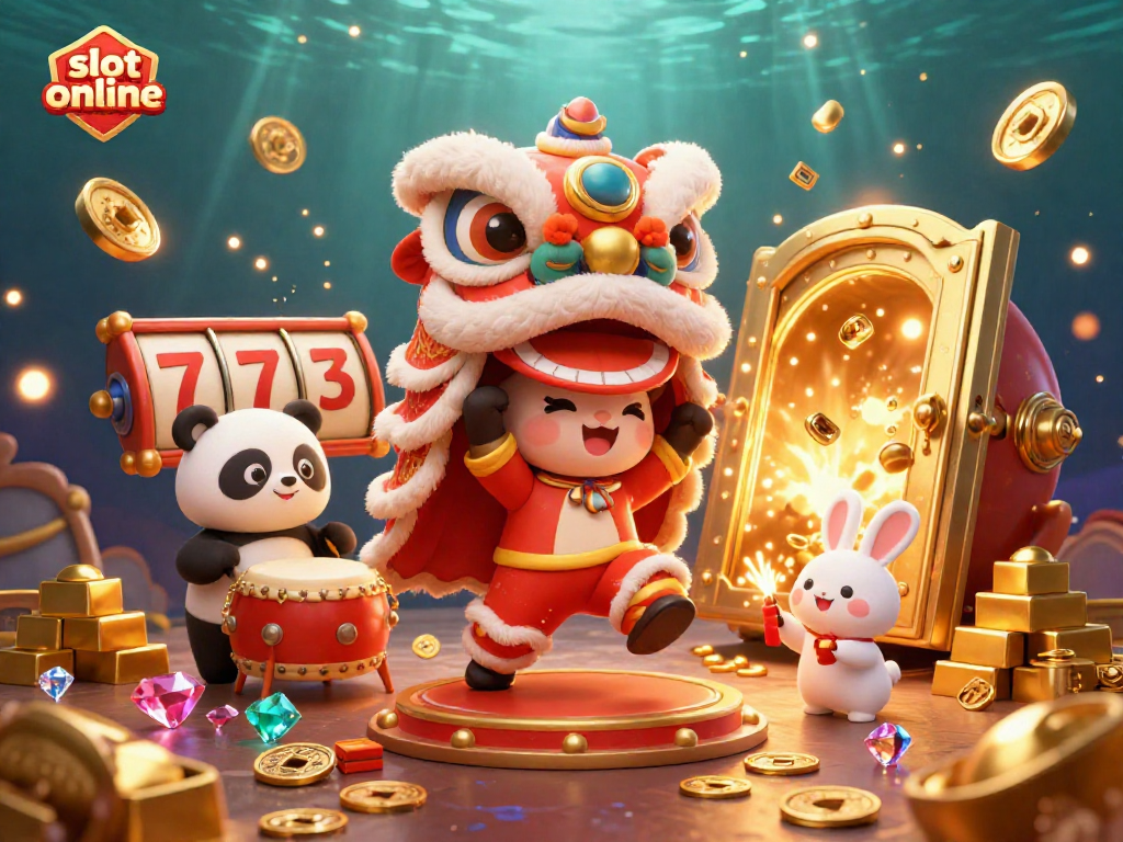 Experience thrilling slot online action with vibrant characters and casino treasures in this dynamic 3D illustration.