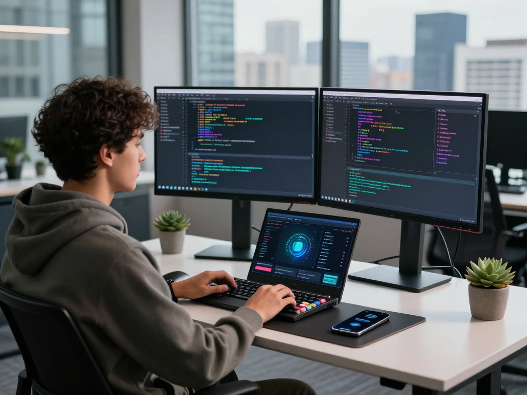Developer at a workspace displaying usdt0 blockchain technology on dual screens, emphasizing innovative cross-chain finance.