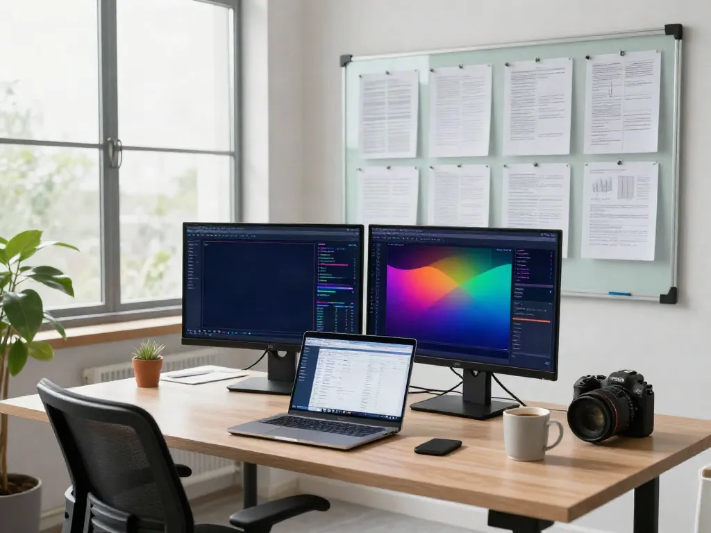 Data scientist in dynamic workspace to find AI datasets efficiently.