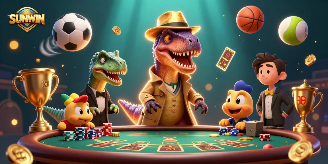 SUNWIN showcases a vibrant 3D casino scene with a velociraptor card counter and stegosaurus pit boss amid high-energy gambling.