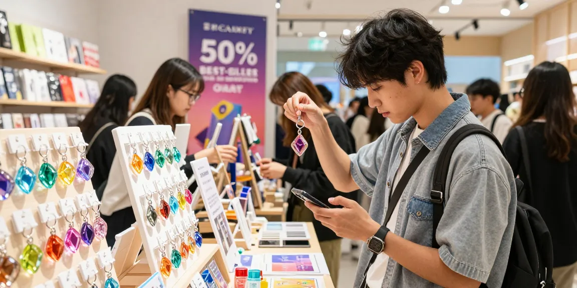 Custom Acrylic Diamond Keychain displayed in a vibrant e-commerce shop while a shopper reviews options.