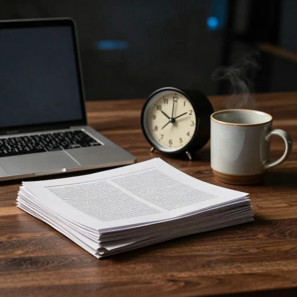 Closed laptop, print stack, desk clock, and mug on dark walnut in moody bokeh.