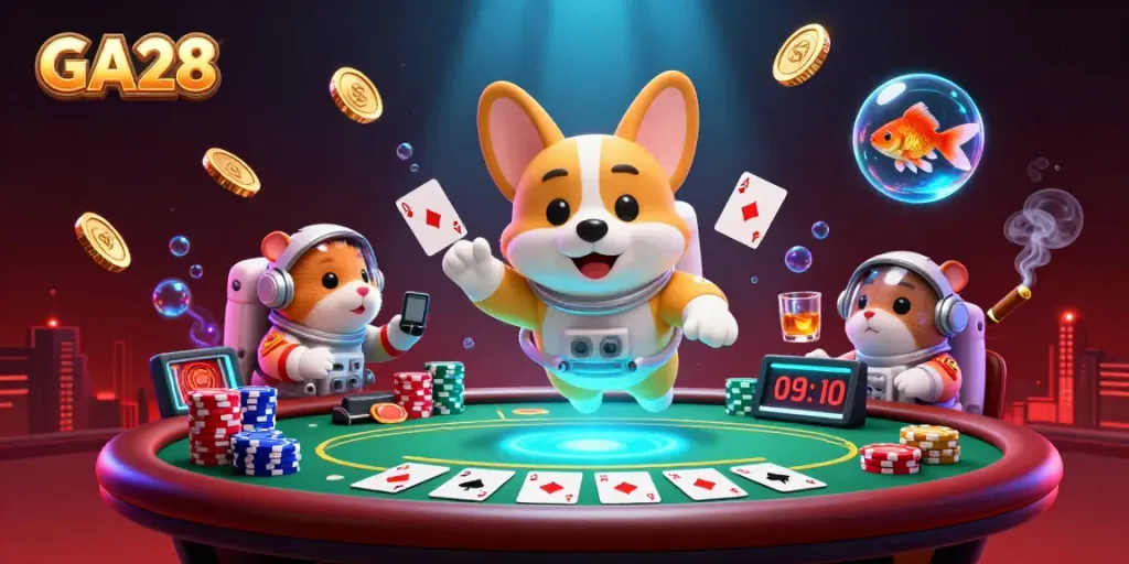 GA28 online gaming scene with astronaut corgi and floating casino elements, showcasing excitement and engagement.