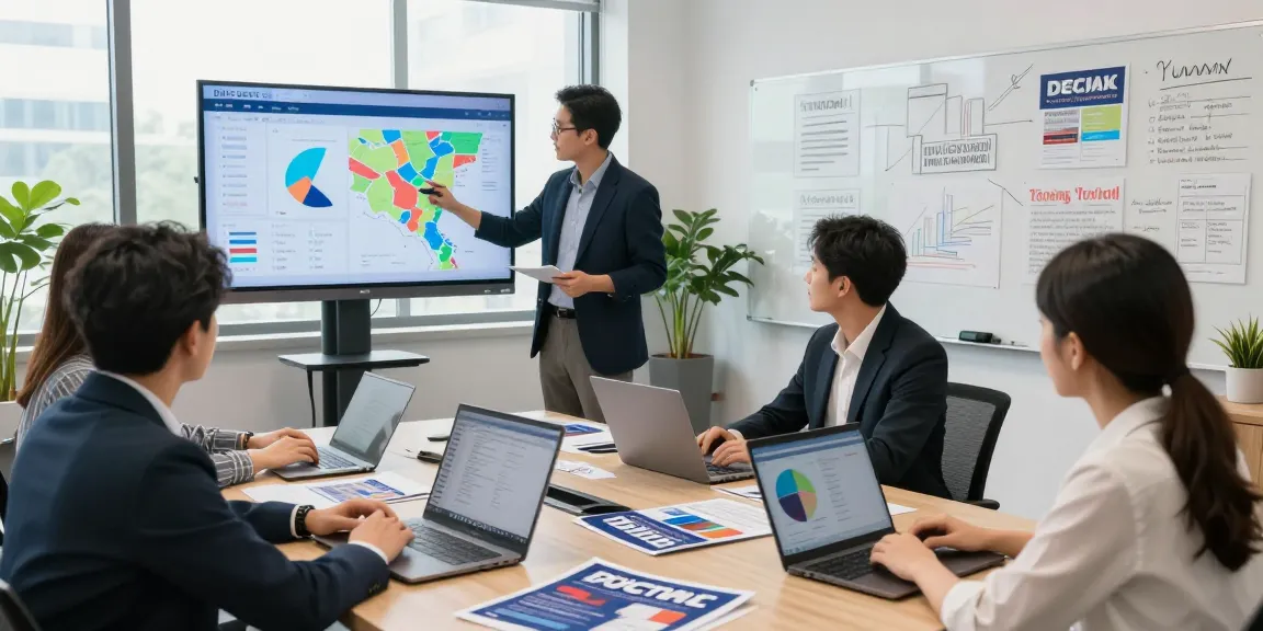 Political campaign team using AI search optimization for candidates data in a modern office