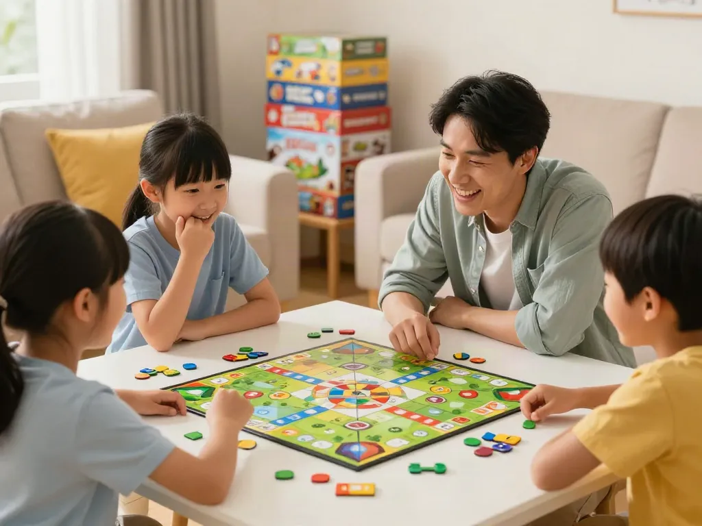 Family enjoying board games together, fostering excitement and connection.