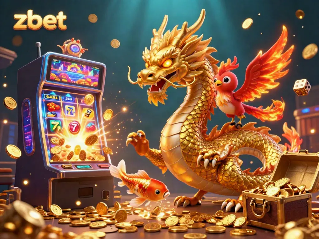 Experience endless fun at ZBET with a dynamic scene featuring the golden dragon, lucky koi fish, and vibrant casino elements.