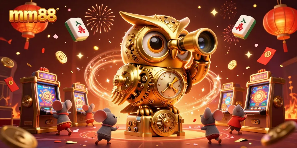Experience the excitement of mm88 casino with a lively scene featuring a golden owl and playful mice amidst vibrant festivities.