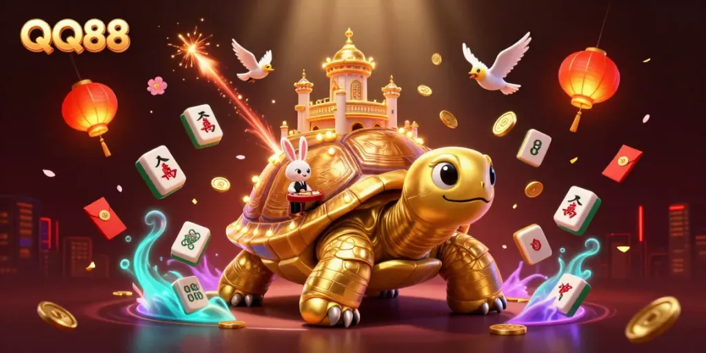 Experience the dynamic gambling world of QQ88 with vibrant casino elements and charming characters.