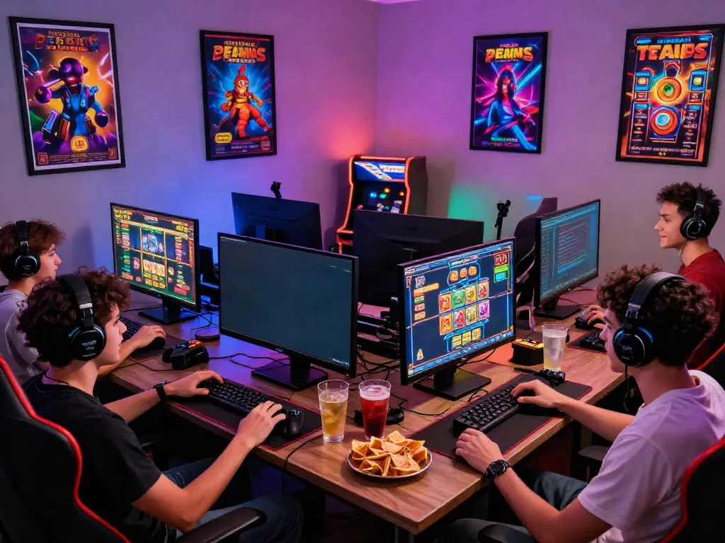 Exciting group of friends gaming with สล็อตเว็บตรง slot games in a vibrant room.