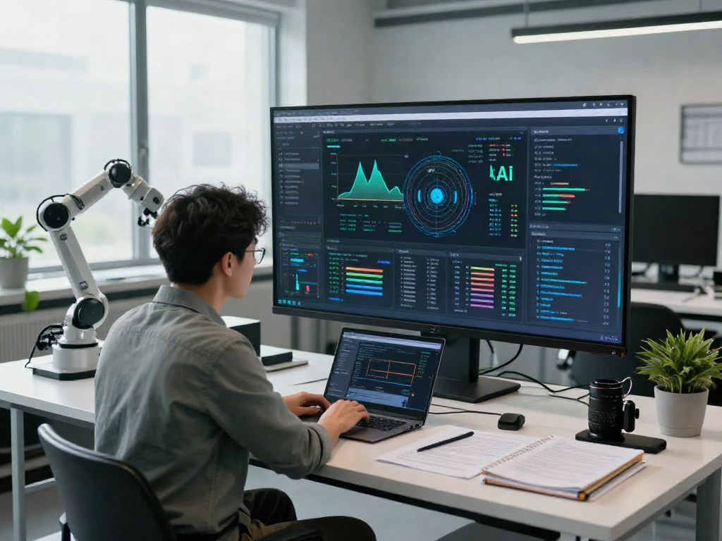 AI Detector researcher analyzing data trends in a modern lab setting