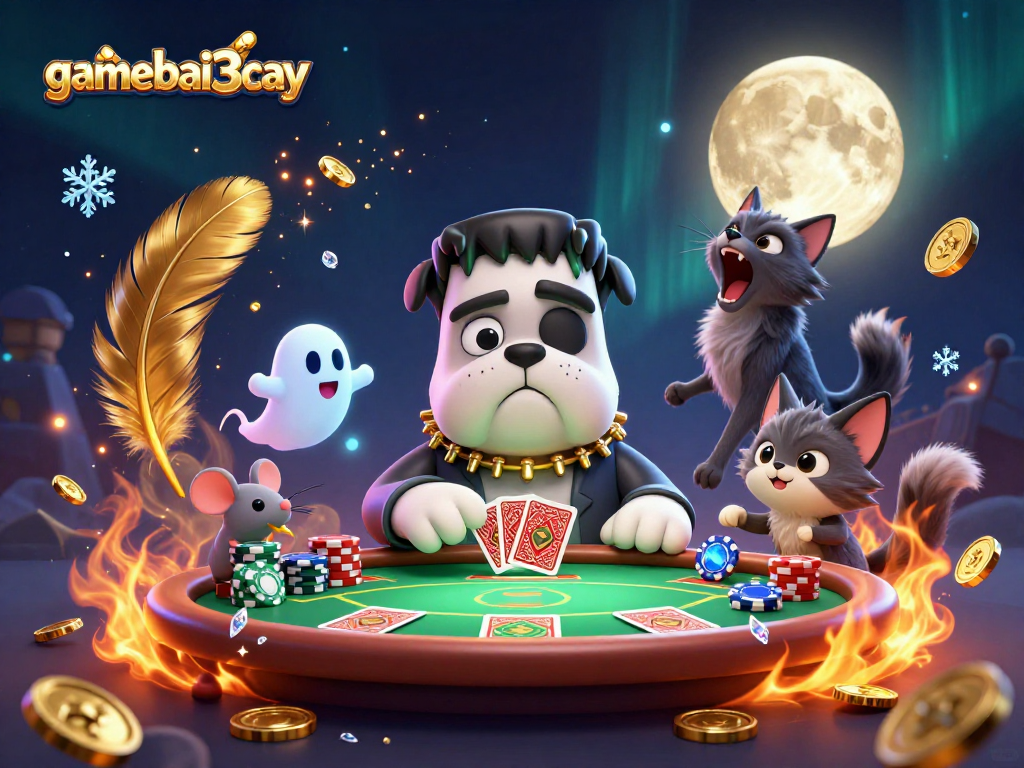 Experience thrilling poker action with gamebai3cay, featuring a Frankenstein bulldog dealing cards.