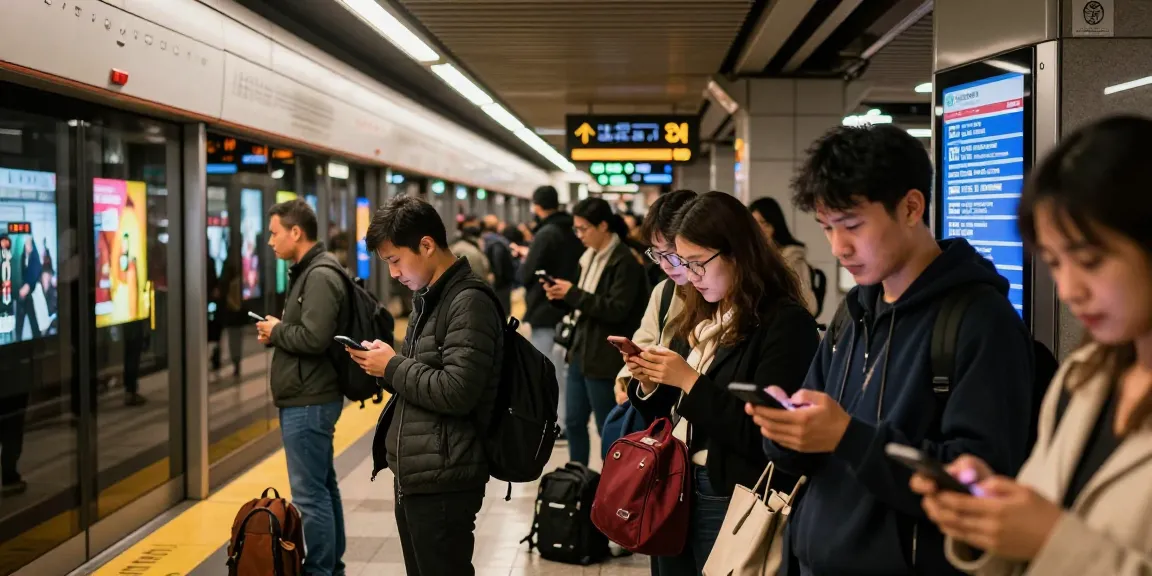 Passengers using a train tracker to check live subway arrivals while waiting on a busy platform.