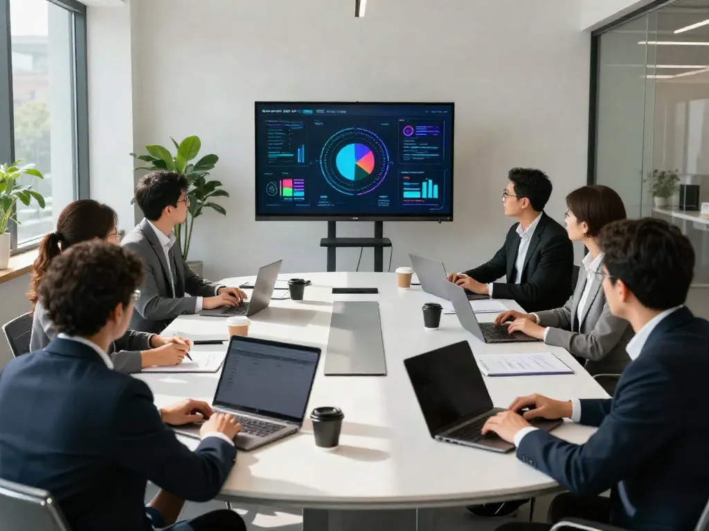 Collaborative business meeting showcasing bpinetempresas strategies in a modern conference room