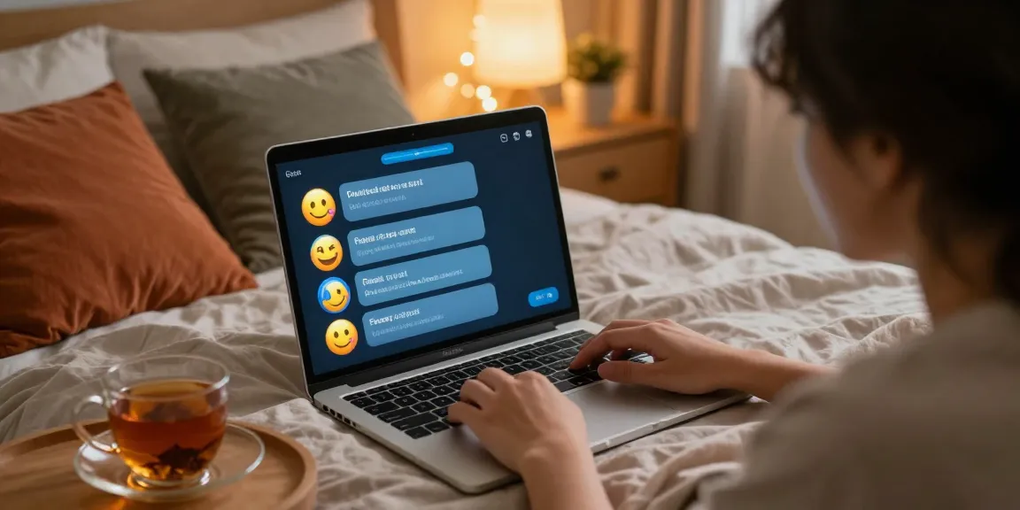 Engaging in free AI sex chat from a cozy bedroom with an AI chatbot on screen.