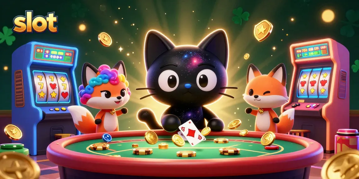Experience thrilling slot action with a cosmic cat and neblous fox in a vibrant casino scene.