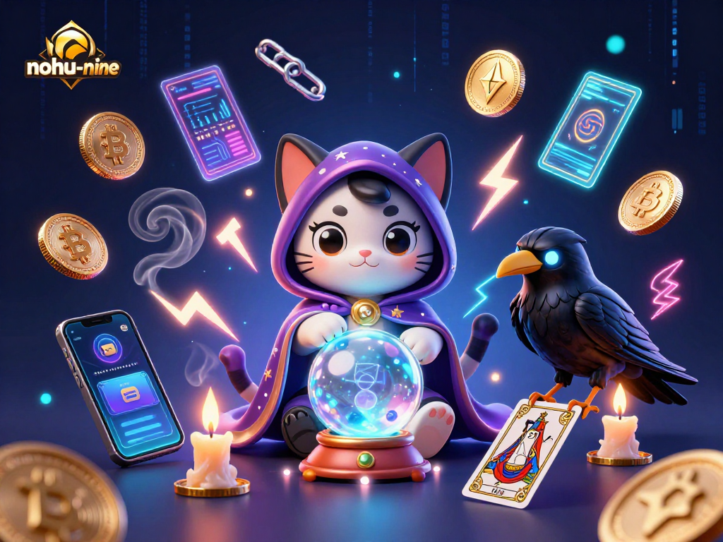 Win big with nohu-nine, vibrant 3D illustration showcasing a mystical cat and raven amid crypto elements.