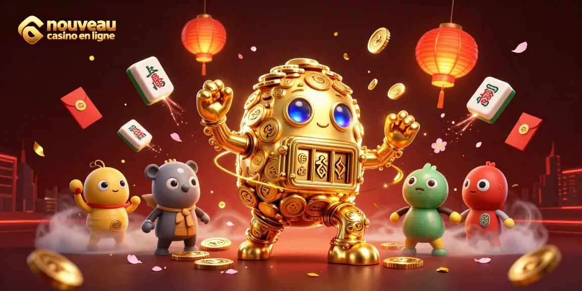 Jouez au nouveau casino en ligne avec cet art vibrant et festif, illustrant un golem d'or et des éléments de jeu fascinants.