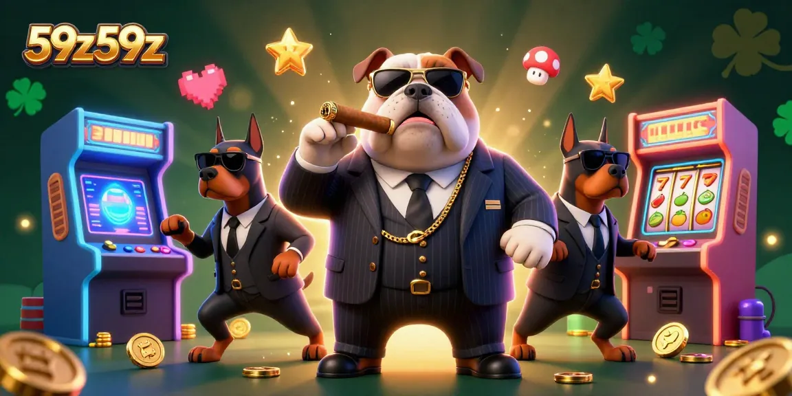Jogadores ganhando com slots 59z59z rodeados por um mafioso e Dobermans em um cassino vibrante.