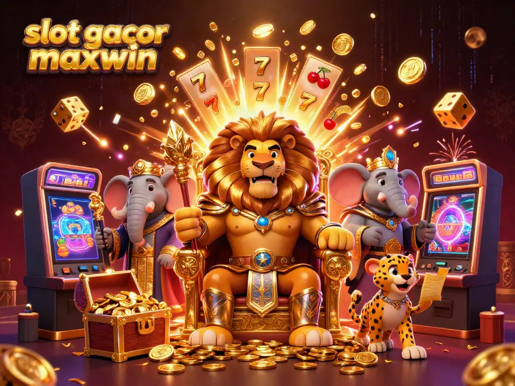 Experience slot gacor maxwin excitement with a dynamic 3D casino scene featuring colorful game elements.