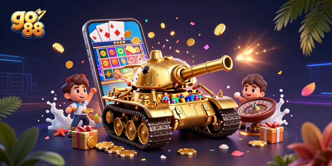 Experience excitement with go 88 as a golden beetle tank reveals a mini casino, surrounded by dynamic gaming elements.
