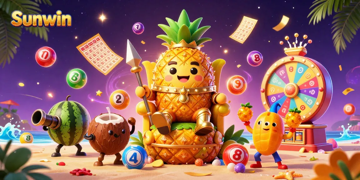 Experience thrilling gameplay with Sunwin's vibrant beach casino scene featuring a golden pineapple king and lively characters.