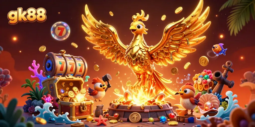 Experience thrilling wins at gk88 with a golden phoenix emerging from a molten forge amidst glamorous casino elements.