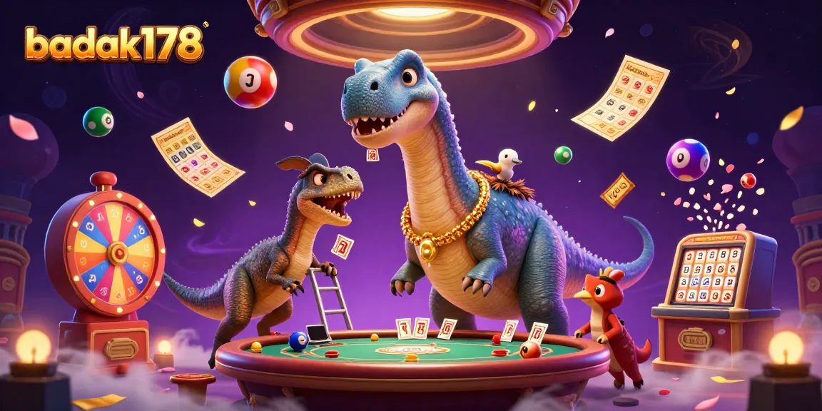 Engage in thrilling gameplay at badak178 with a lively casino scene featuring dinosaurs and vibrant lottery elements.