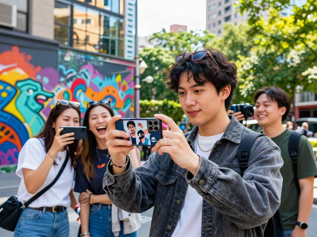 Engaging scene of a young adult comparing their selfie to celebrity look alikes in an urban setting.