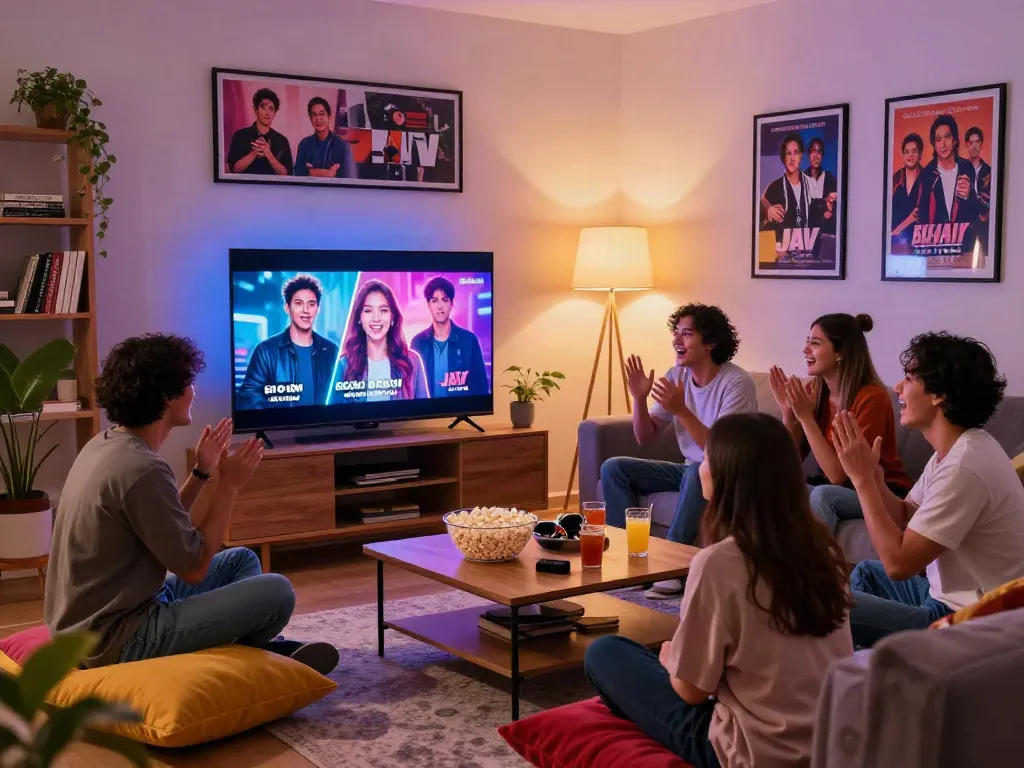 Friends enjoying jav subtitle Indonesia video in a cozy living room.