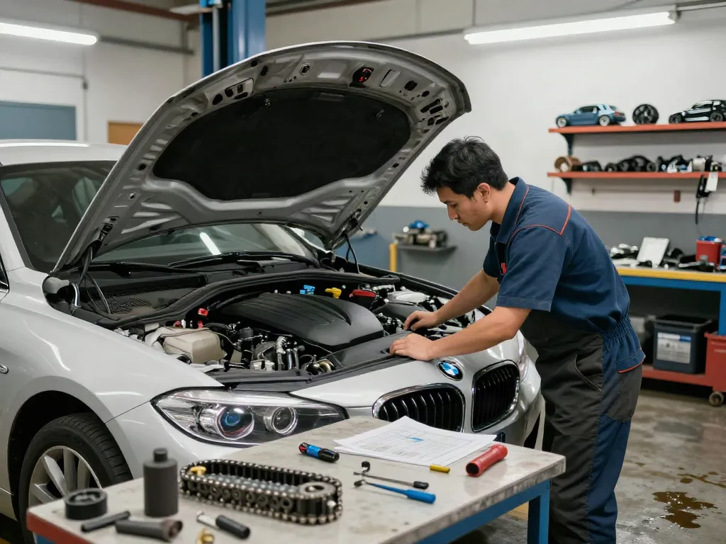 BMW Steuerkette wechseln: Mechaniker inspiziert BMW-Motor mit offenem Motorhaube im Werkstattumfeld.