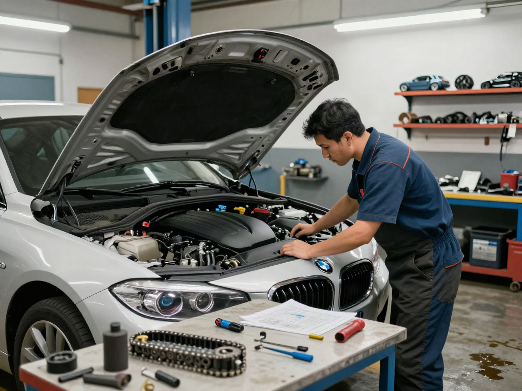 BMW Steuerkette wechseln: Mechaniker inspiziert BMW-Motor mit offenem Motorhaube im Werkstattumfeld.