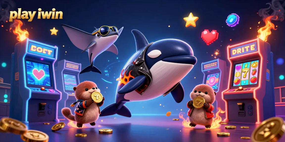 Play iwin with vibrant casino-themed 3D illustration featuring orca, stingray, and otters.