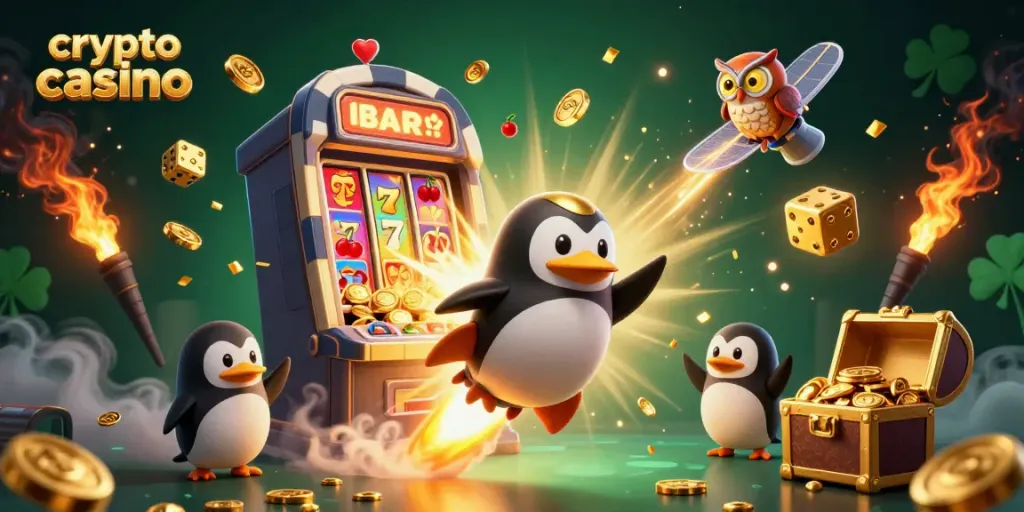 Engage with the crypto casino adventure featuring a penguin in space amidst vibrant gaming elements.