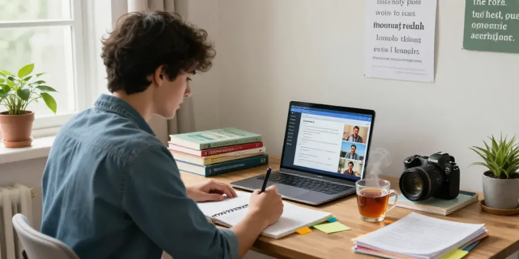 Toto online language learning experience in a cozy home study.