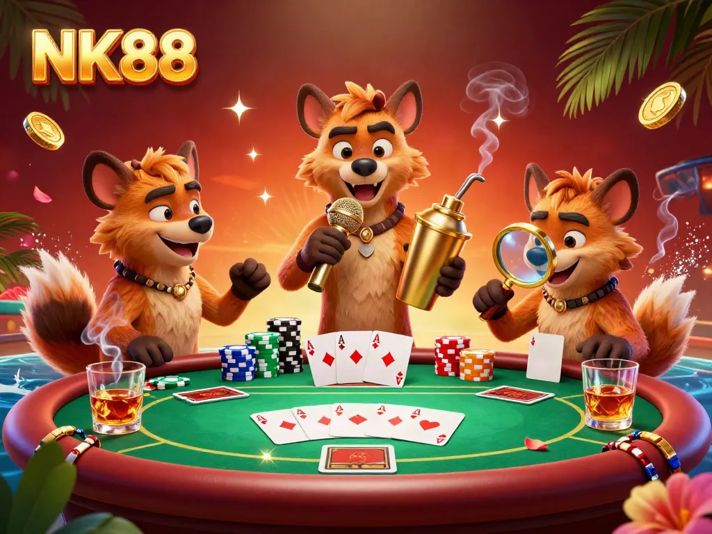 Experience NK88's vibrant casino atmosphere with hyenas in a comedy club setting, full of poker excitement and visual richness.