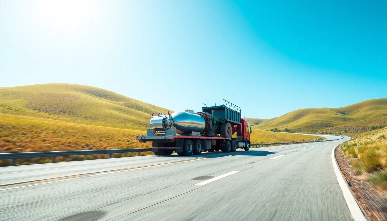 Transporting heavy machinery with reliable equipment hailing services on a clear highway
